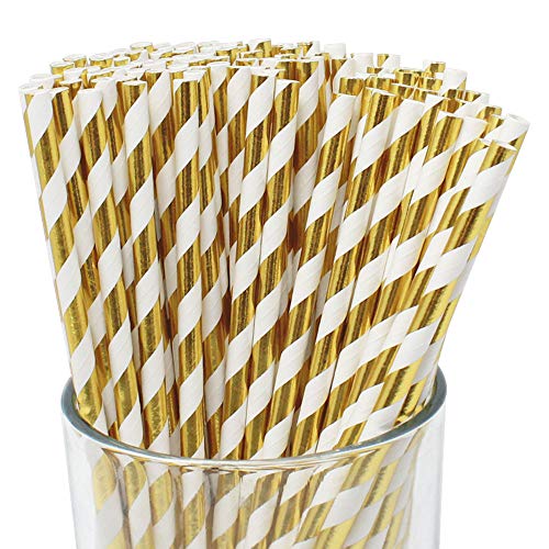 Just Artifacts Premium Disposable Drinking Striped Paper Straws (100pcs, Metallic Gold)