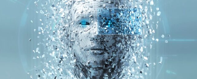 An illustration of a human like face appearing through a computer generated looking explosion of light blue particles