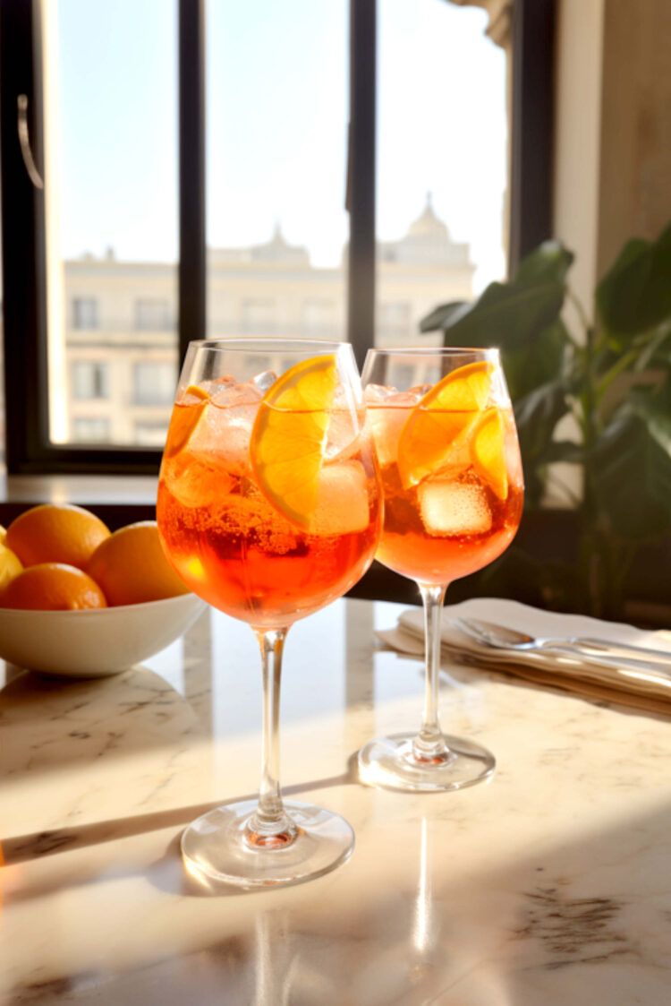 Two Aperol Spritz cocktails on a table