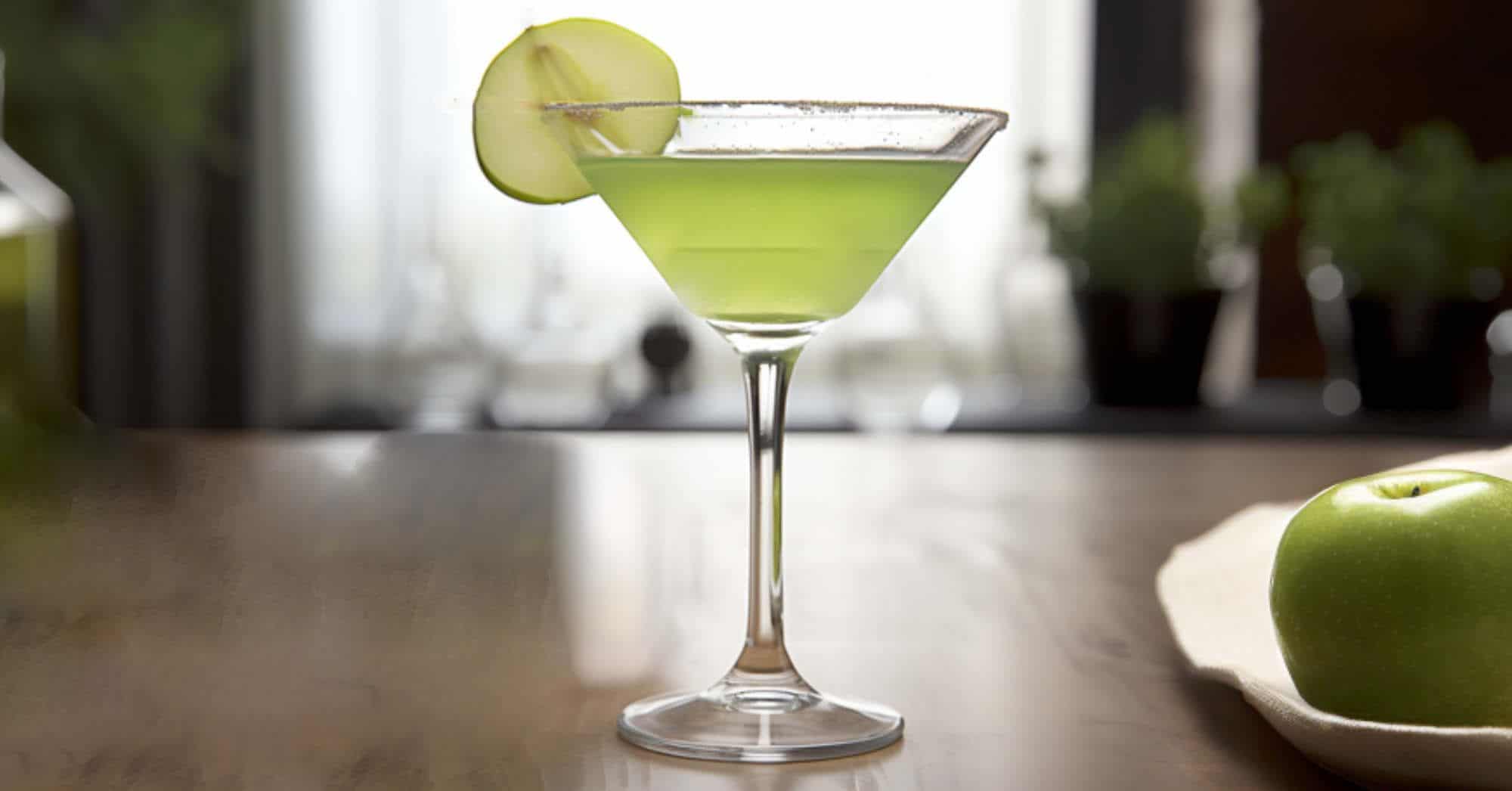 Appletini cocktail with apple slice garnish