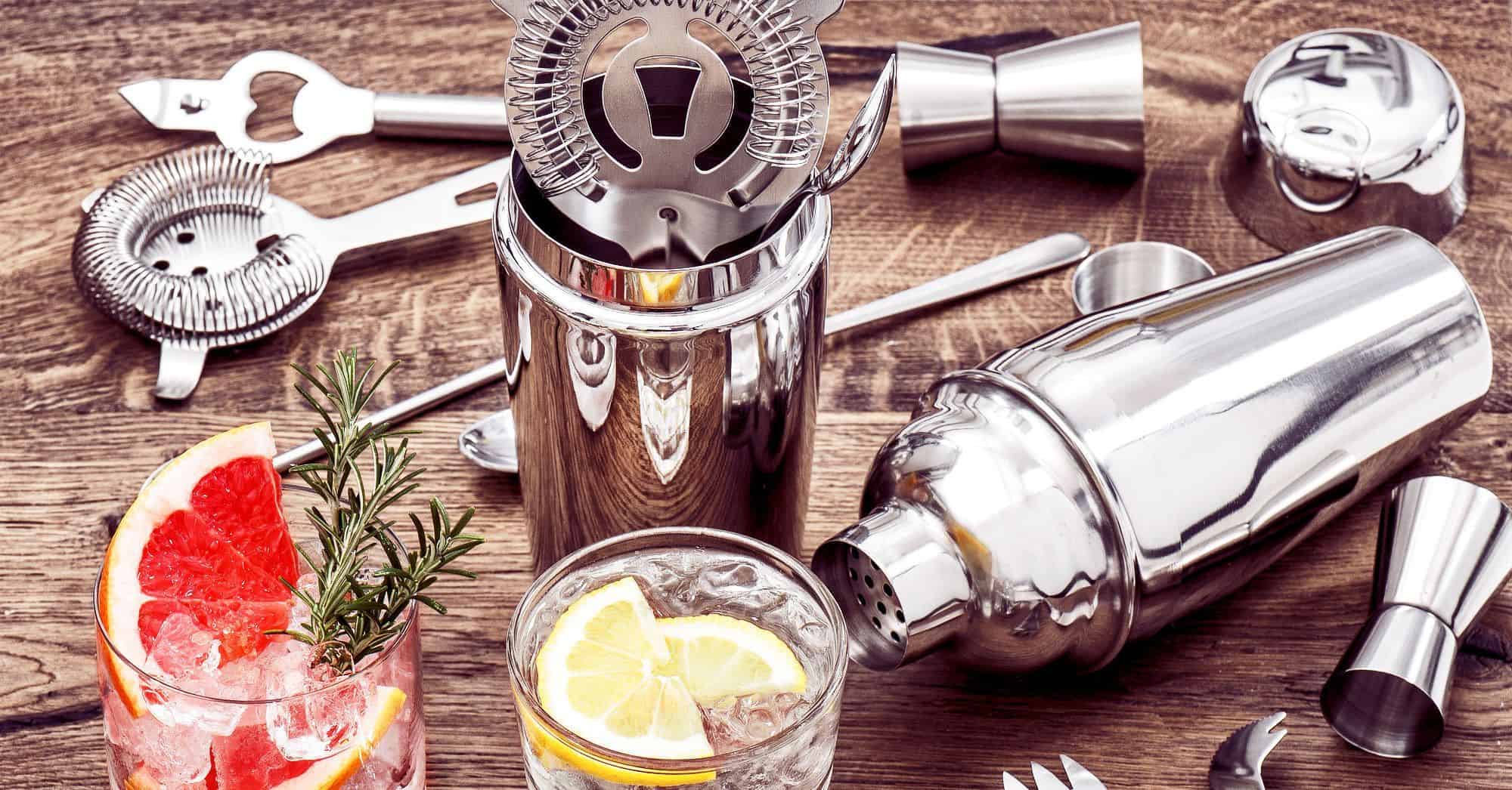 Bartender kit on table with drinks