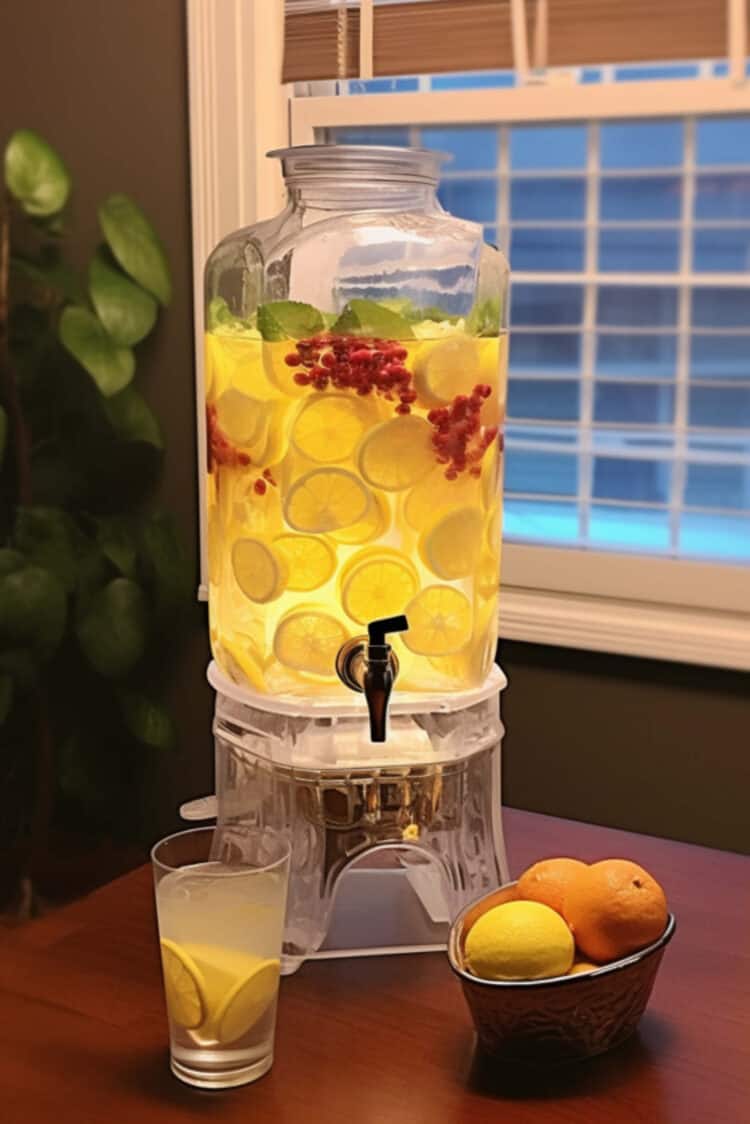 Beverage dispenser full of lemon slices and berries in vodka