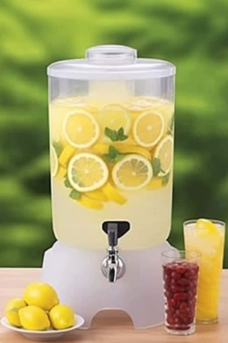 Beverage dispenser full of lemon slices and berries in vodka