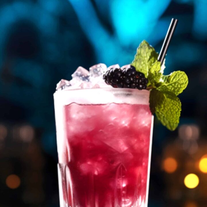 Blackberry Bramble cocktail in front of blurred lights background