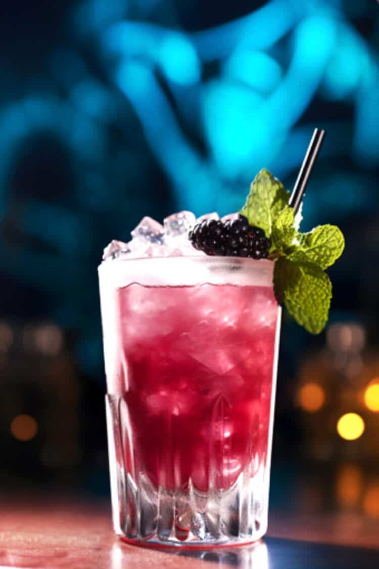 Blackberry Bramble cocktail in front of blurred lights background