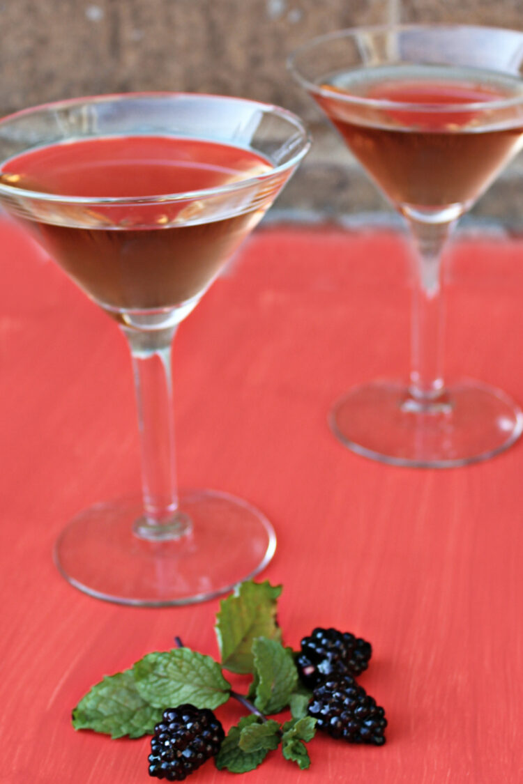 Blackberry Mint Martinis on red cloth