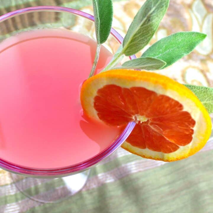 Blood Orange Margarita with sage sprig and orange wheel