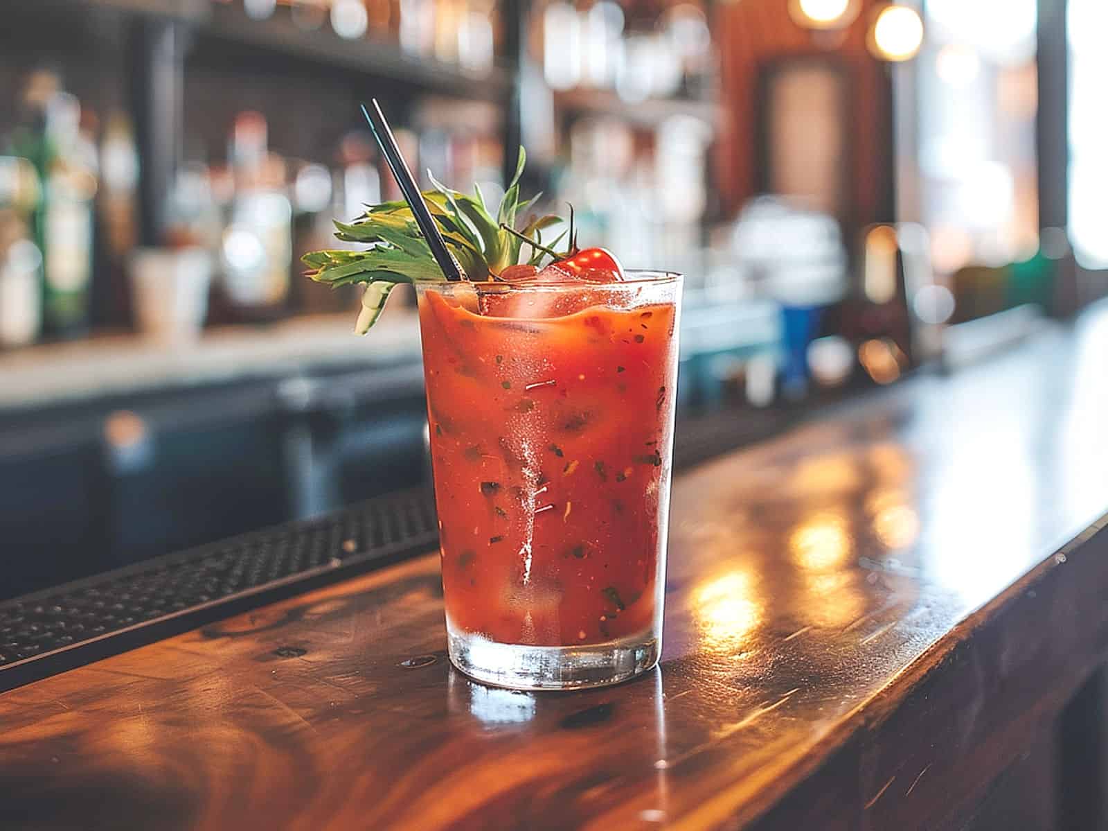 Bloody Mary cocktail on bar counter garnished with greens and cherry tomatoes