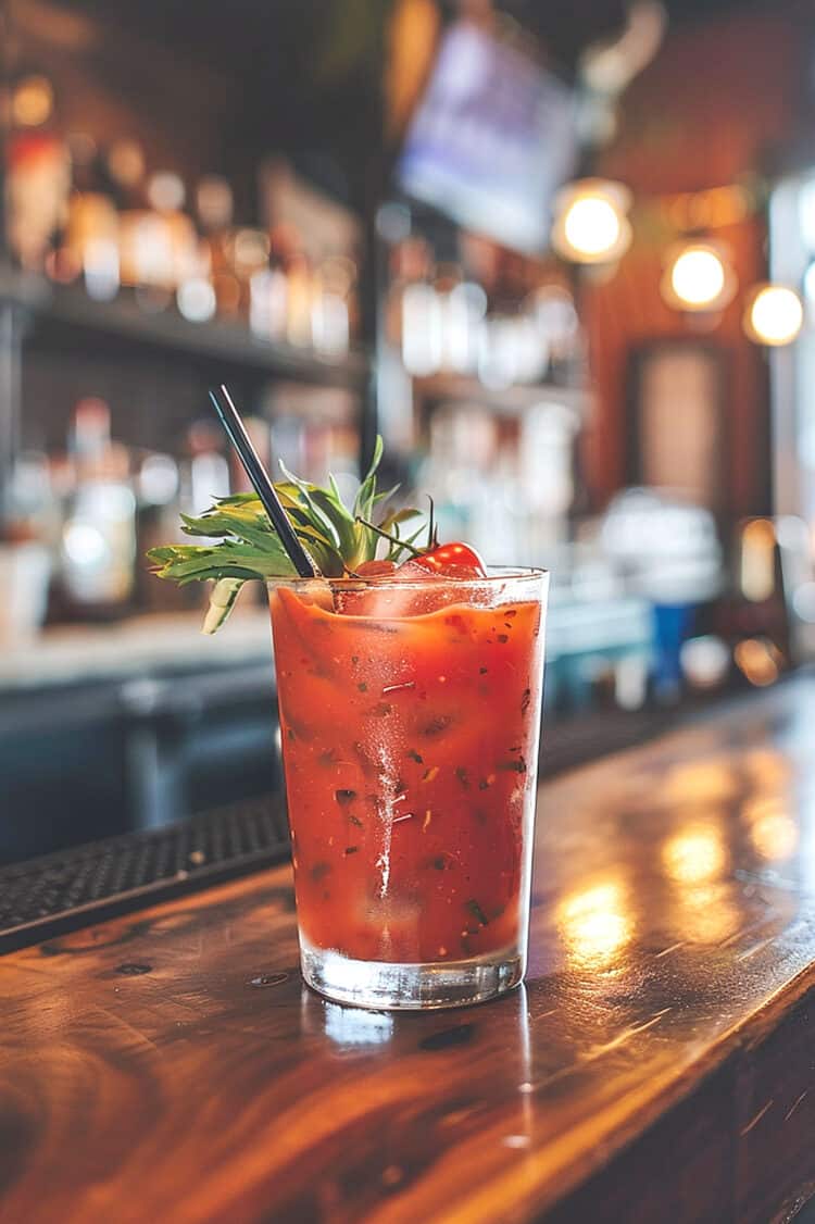 Bloody Mary cocktail on bar counter garnished with greens and cherry tomatoes