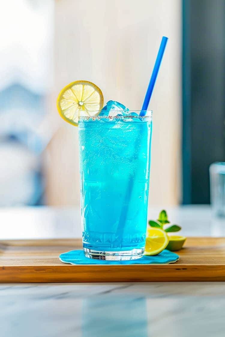 Blue Long Island Iced Tea sitting on coaster on bar