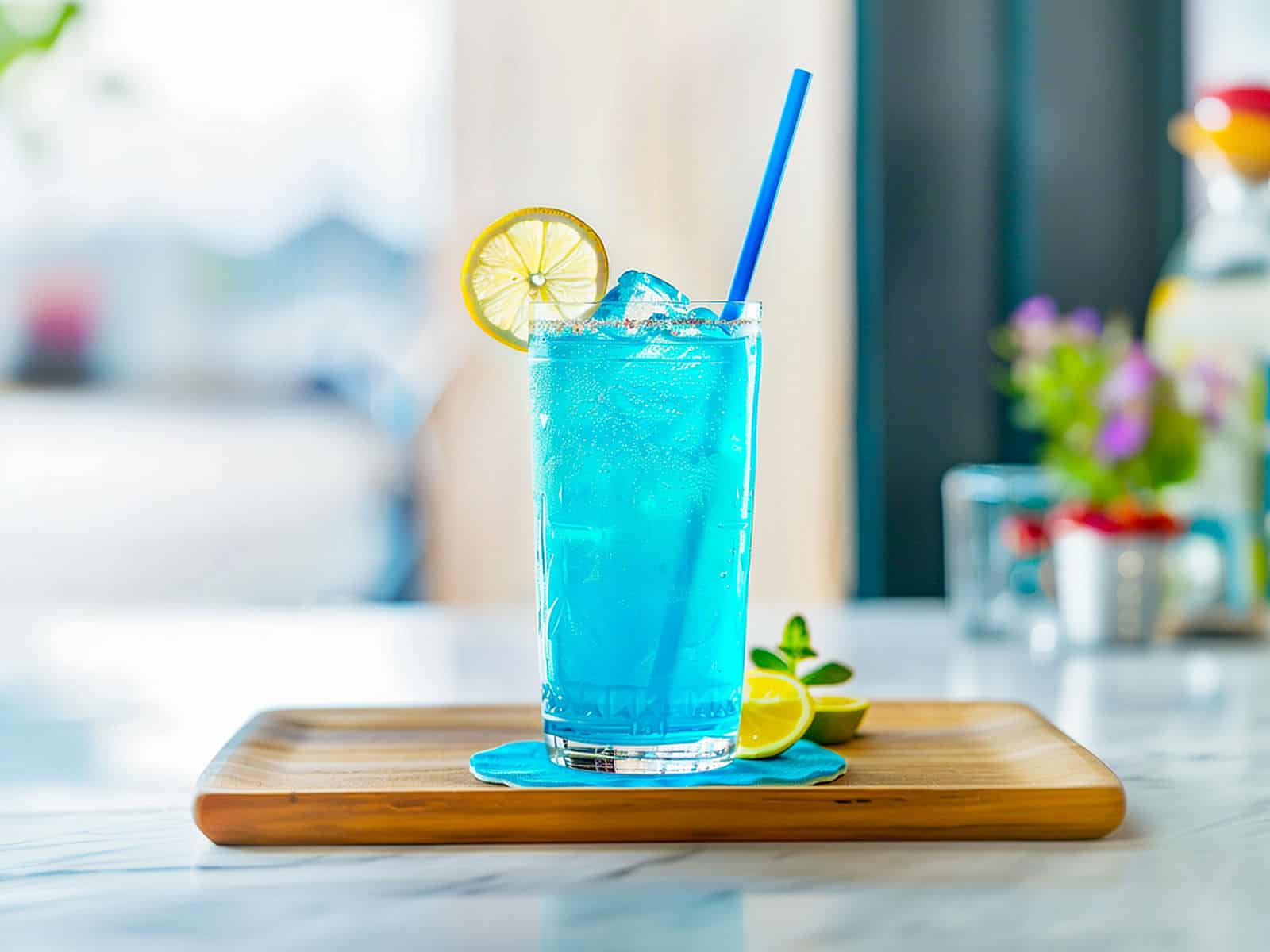 Blue Long Island Iced Tea sitting on coaster on coffee table in living room