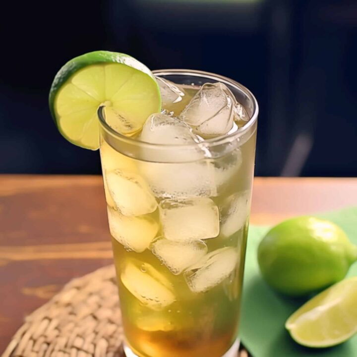 Bourbon and Sprite cocktail with lime slice on table