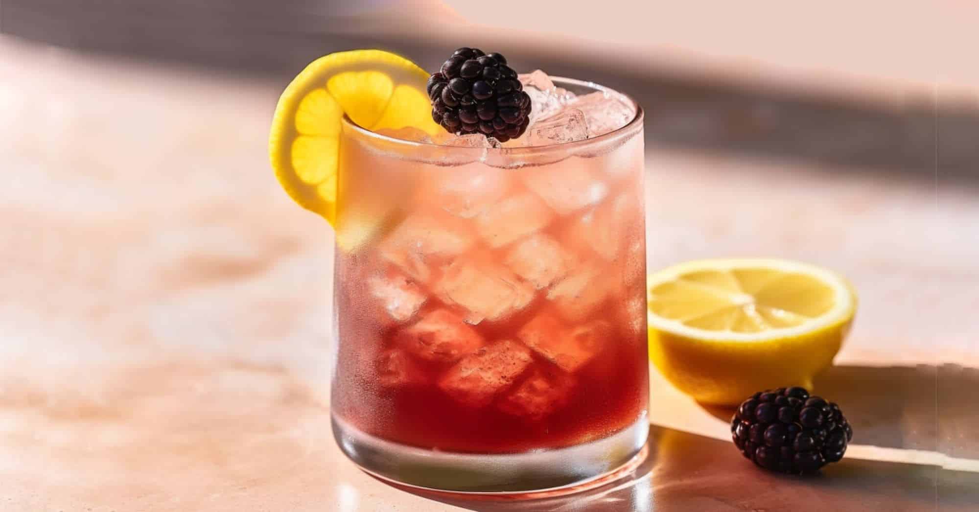 Bramble cocktail in tumbler with blackberry and lemon garnish