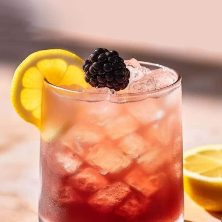 Bramble cocktail in tumbler with blackberry and lemon garnish