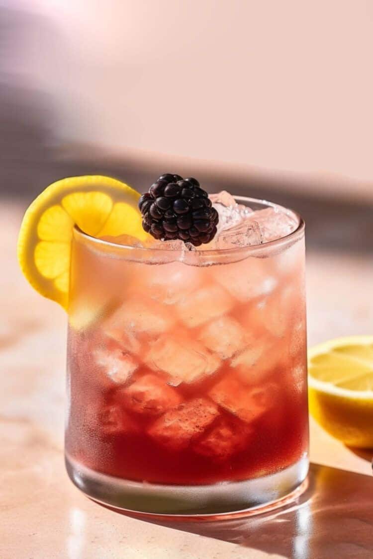 Bramble cocktail in tumbler with blackberry and lemon garnish