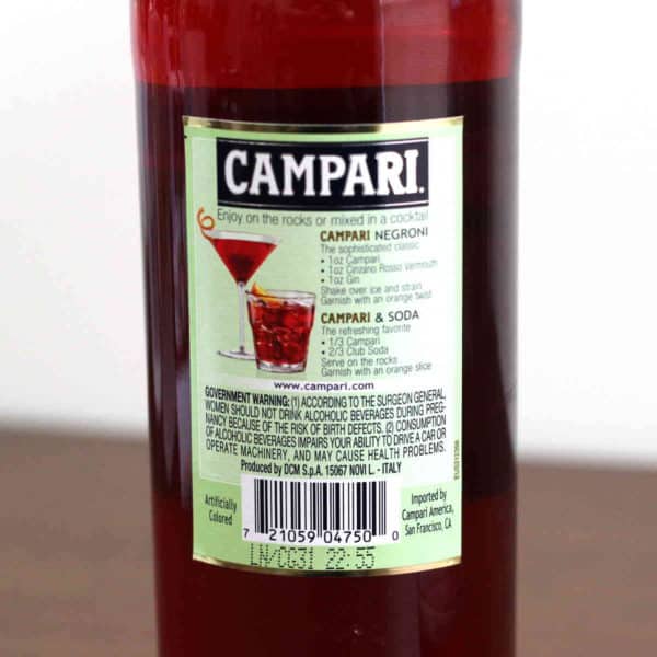 Close up of label on back of Campari bottle