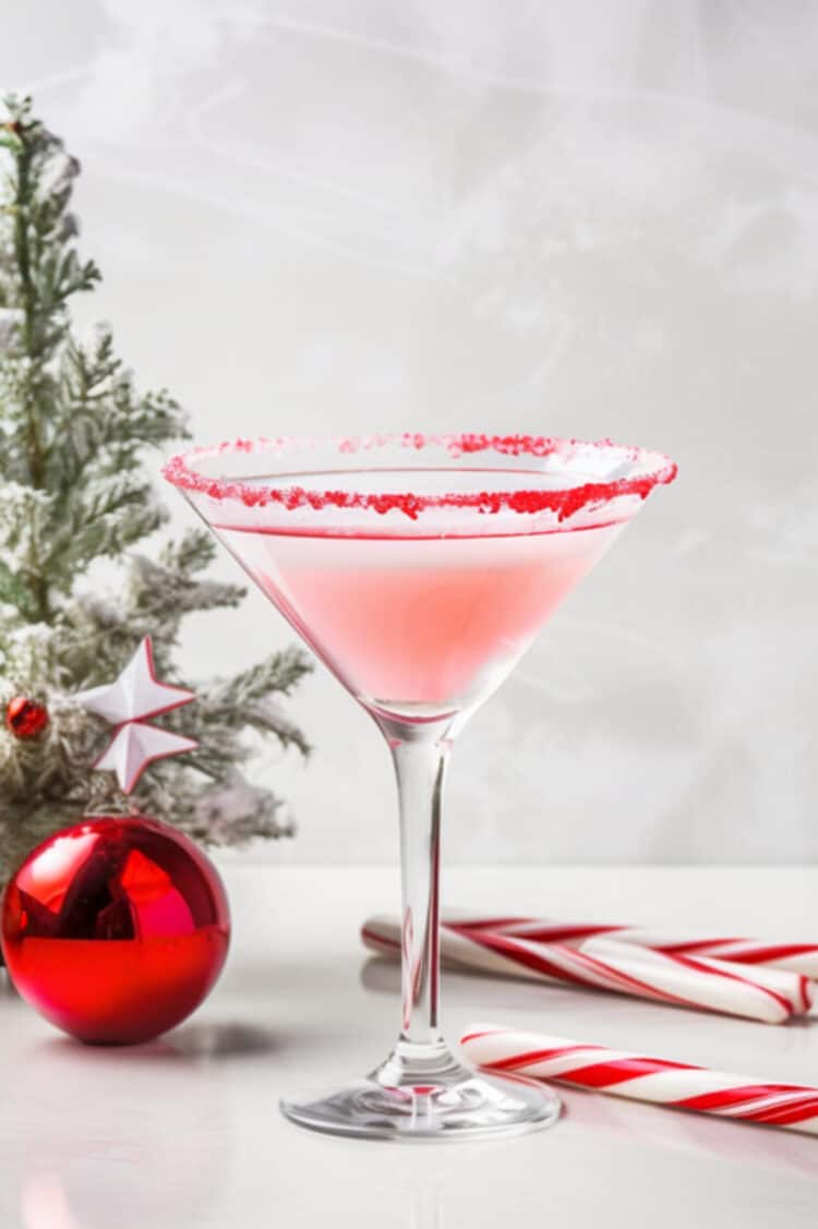 Candy Cane Martini cocktail with candy cane garnish