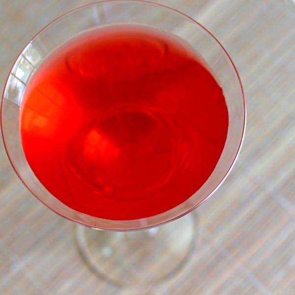 Overhead view of Centauri Sundown drink on table 