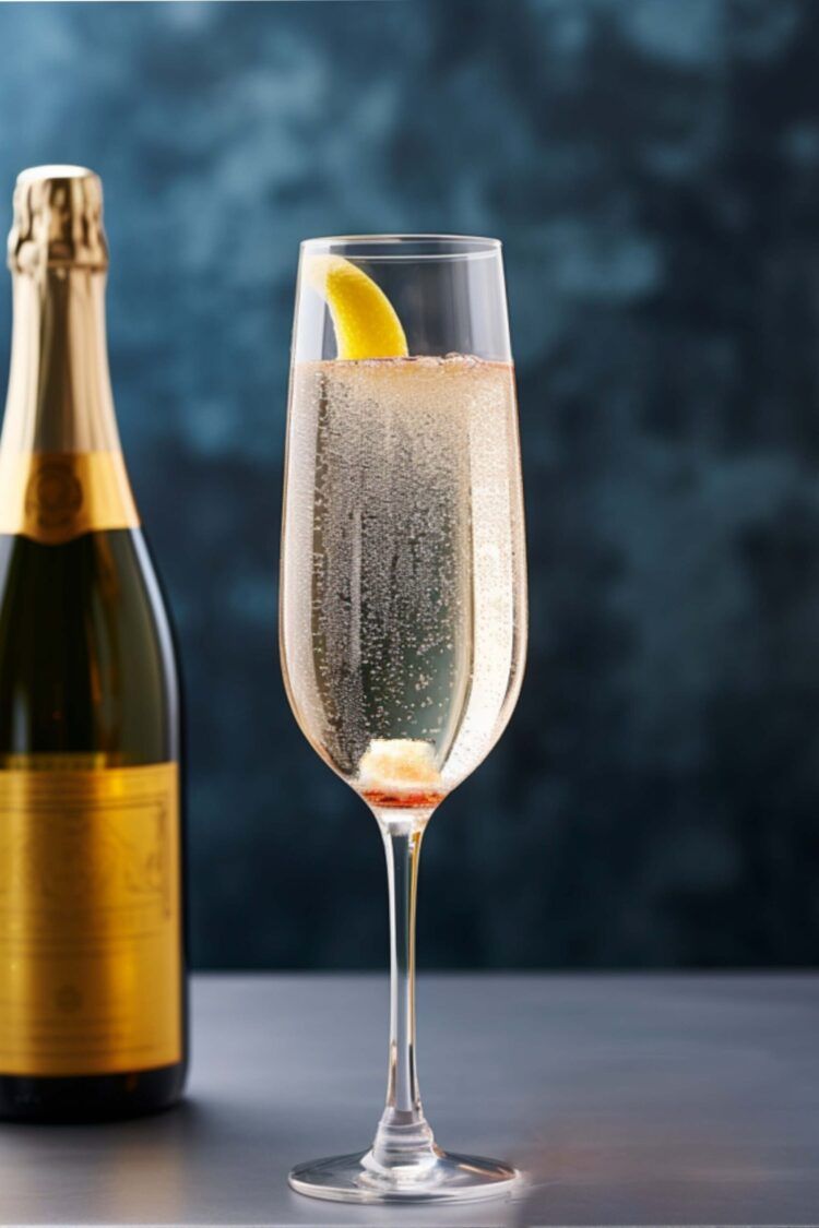 Champagne Cocktail in flute glass with sugar cube melting in bottom