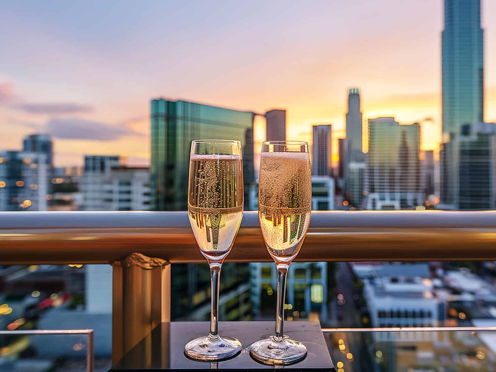 Champagne cocktails in front of a city skyline