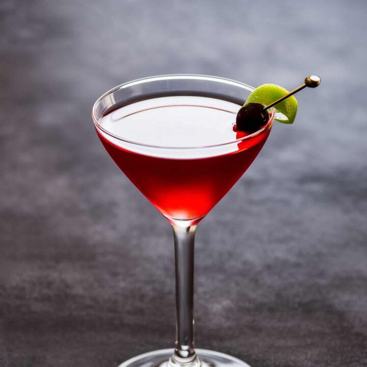 Charlie Chaplin cocktail with cherry and lime peel garnish