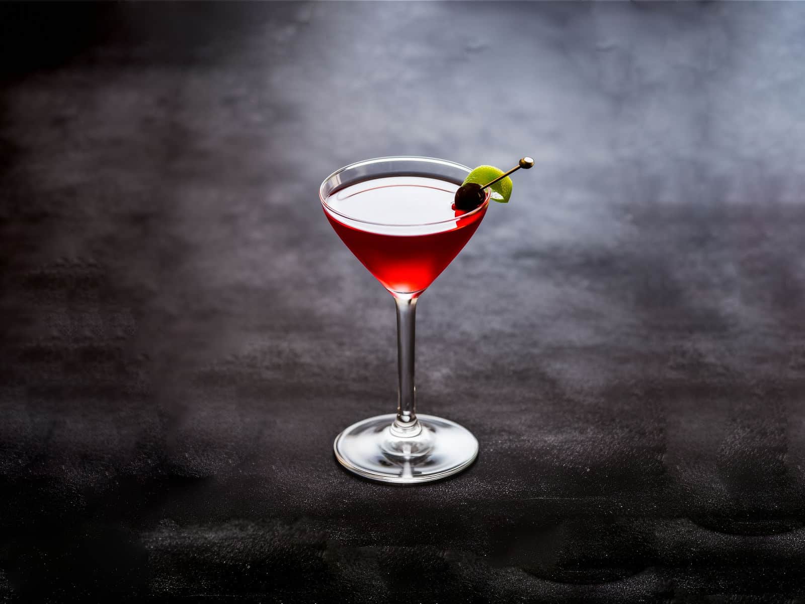 Charlie Chaplin cocktail with cherry and lime peel garnish