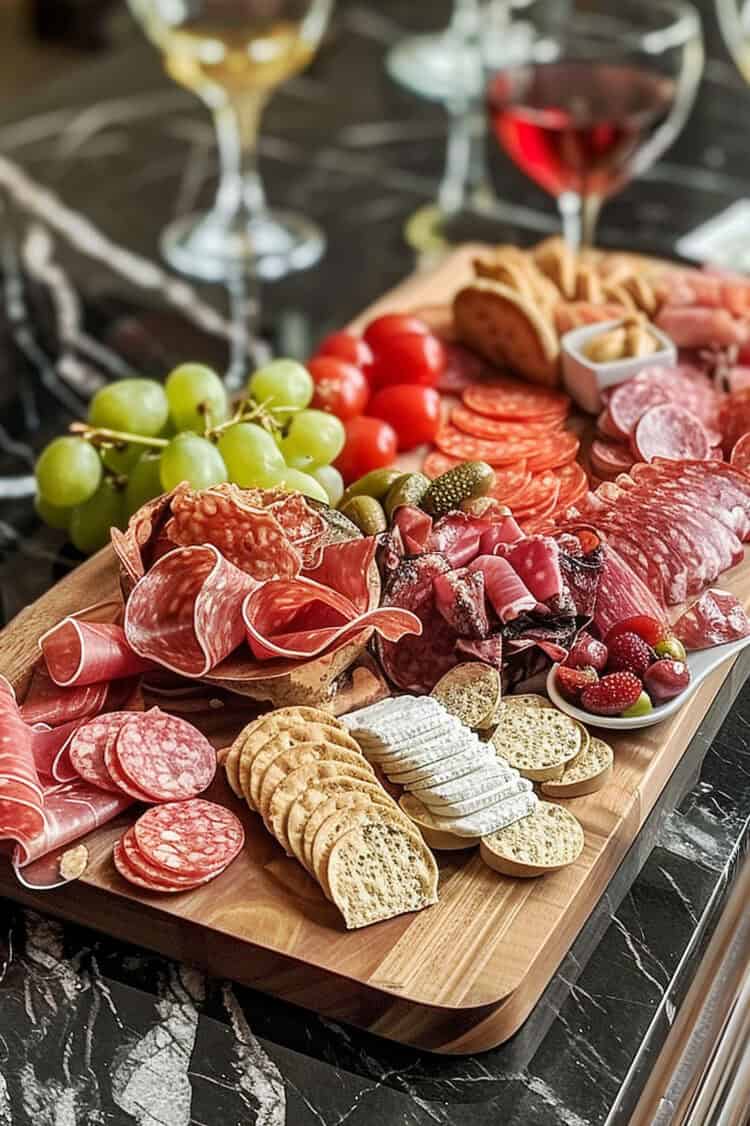 Meat and cheese board for happy hour on table