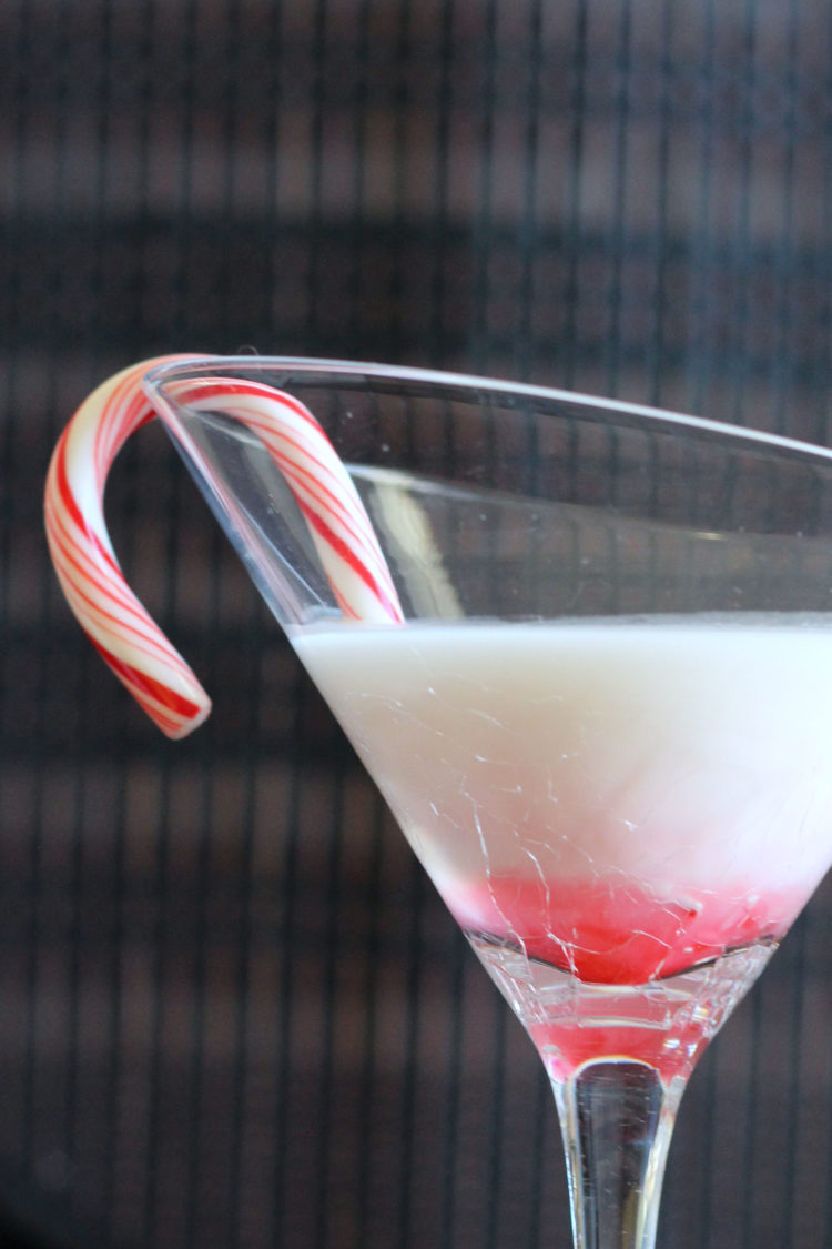 Closer view of Chocolate Peppermint Stick cocktail with candy cane garnish