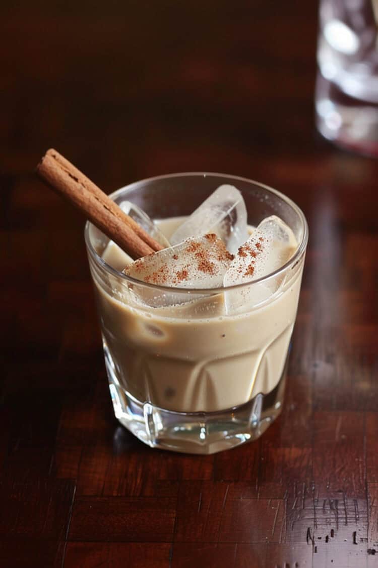 Cinnamon Caramel Apple cocktail in rocks glass on wooden table