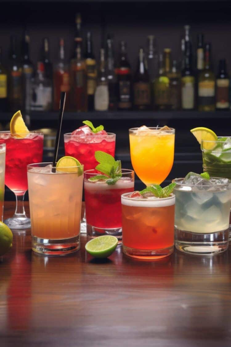 Various colorful cocktails sitting on a bar