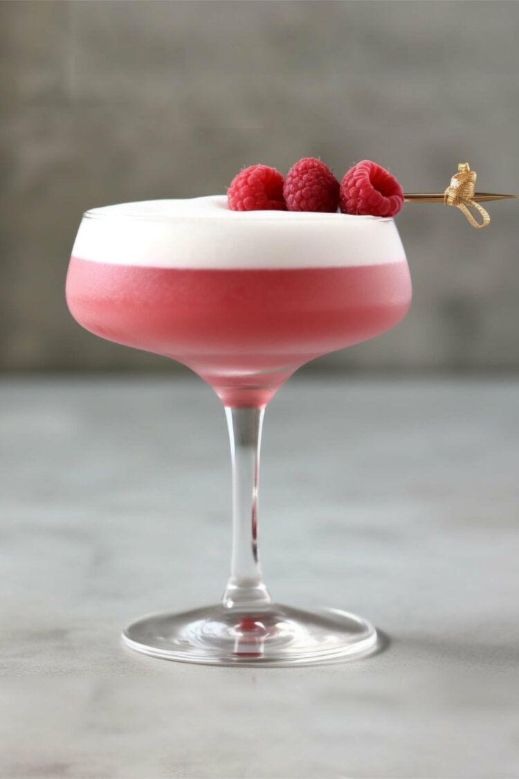 Clover Club Cocktail in coupe glass with raspberry garnish