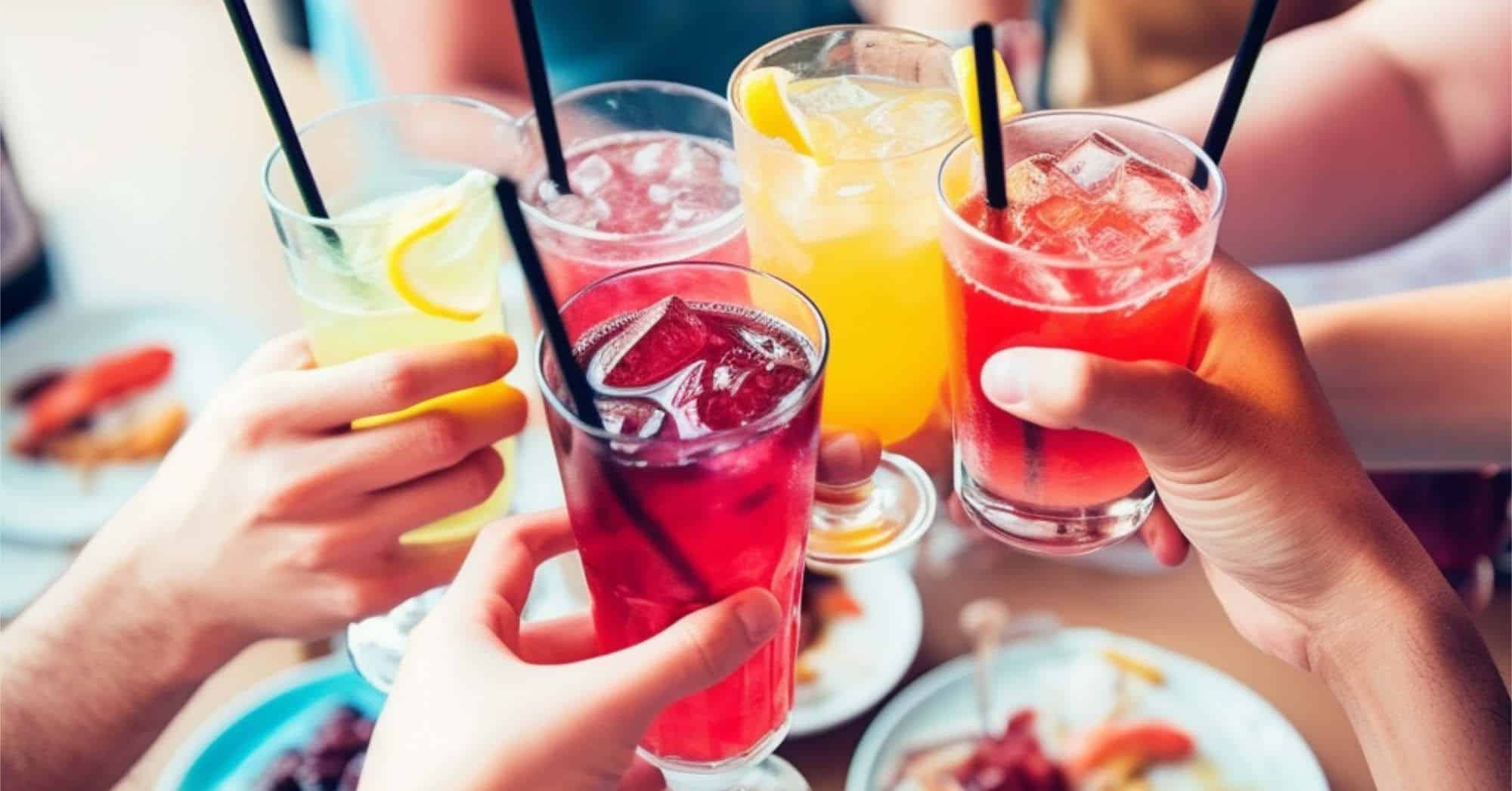 People clinking cocktail glasses together over table