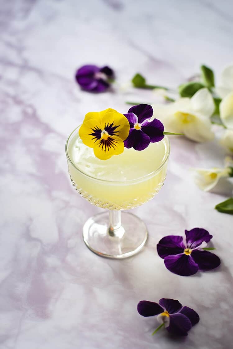 Cocktail with edible pansy garnish