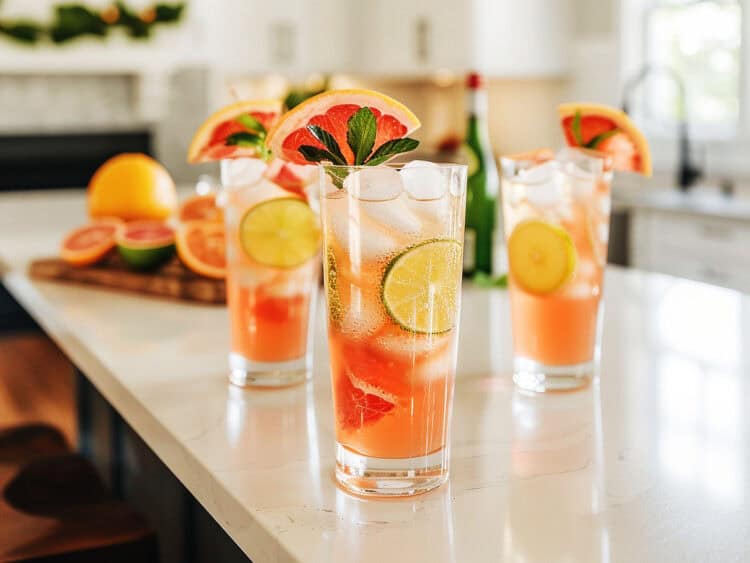 Three cocktails on kitchen counter top