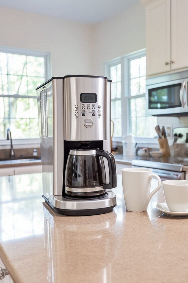 Coffee maker on kitchen countertop with mugs