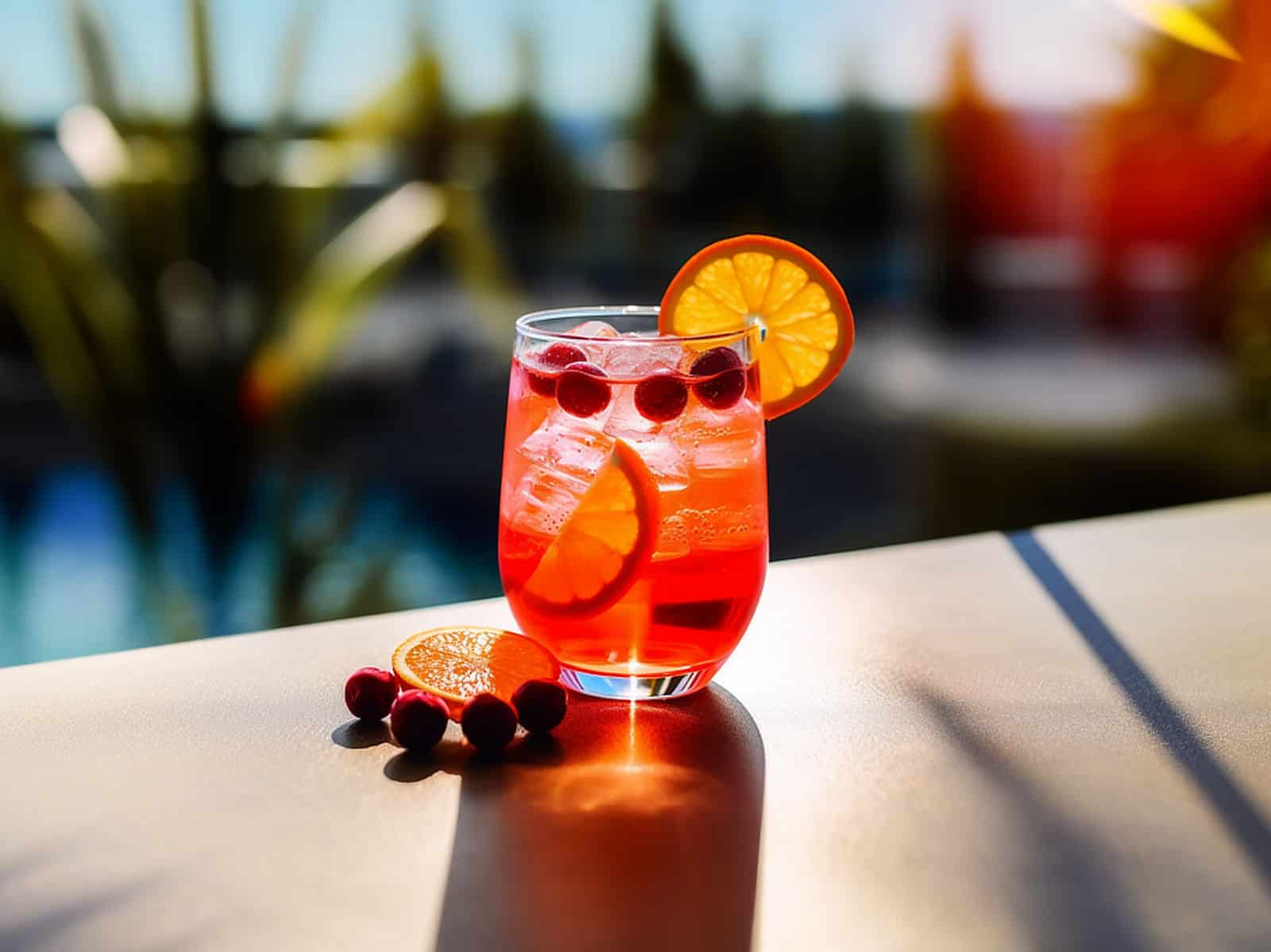 Cranberry Blast drink in glass with ice and orange slice garnish