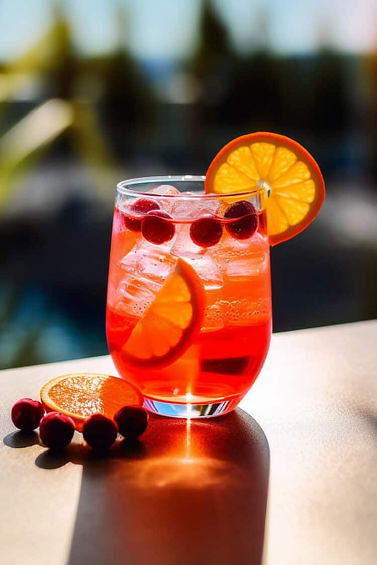 Cranberry Blast drink in glass with ice and orange slice garnish