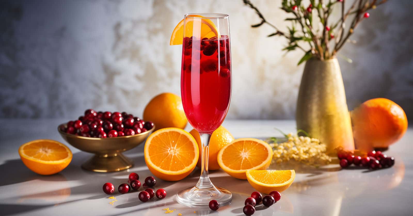 Cranberry Kiss drink in champagne flute with orange slice garnish