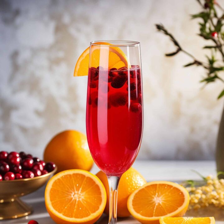 Cranberry Kiss drink in champagne flute with orange slice garnish