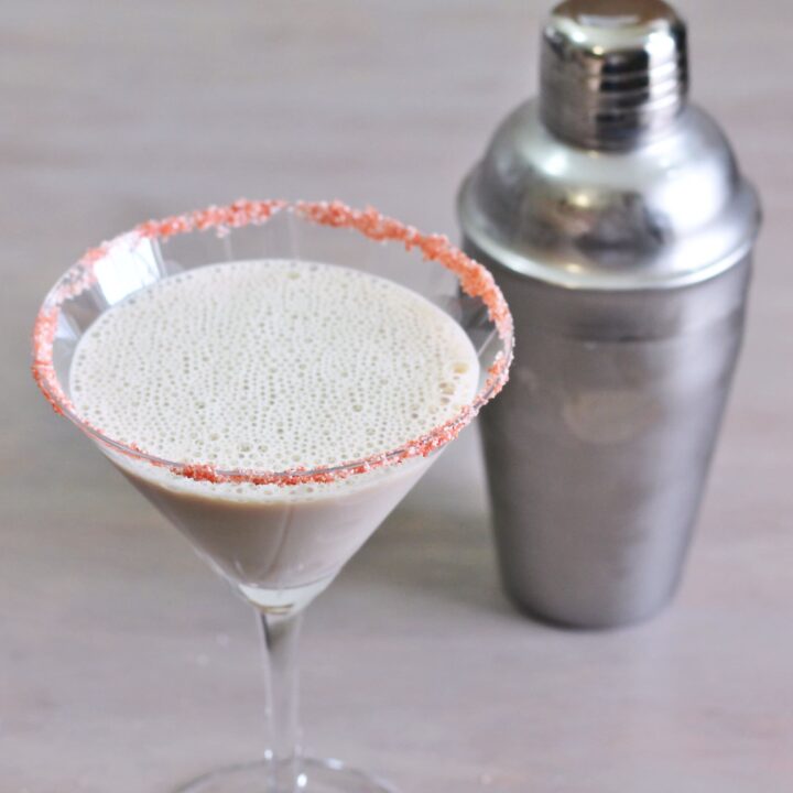 Creamy Chocolate Raspberry cocktail with red sugar rim