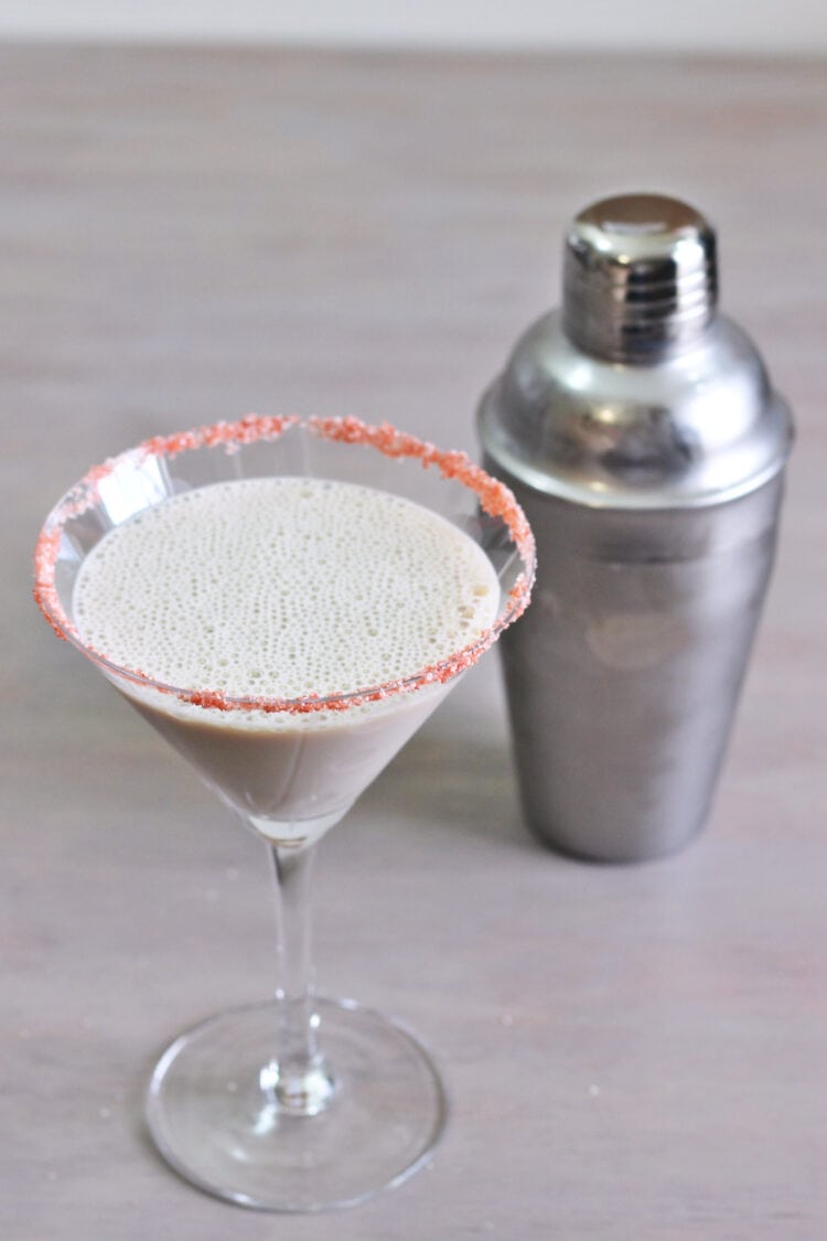 Creamy Chocolate Raspberry cocktail with red sugar rim