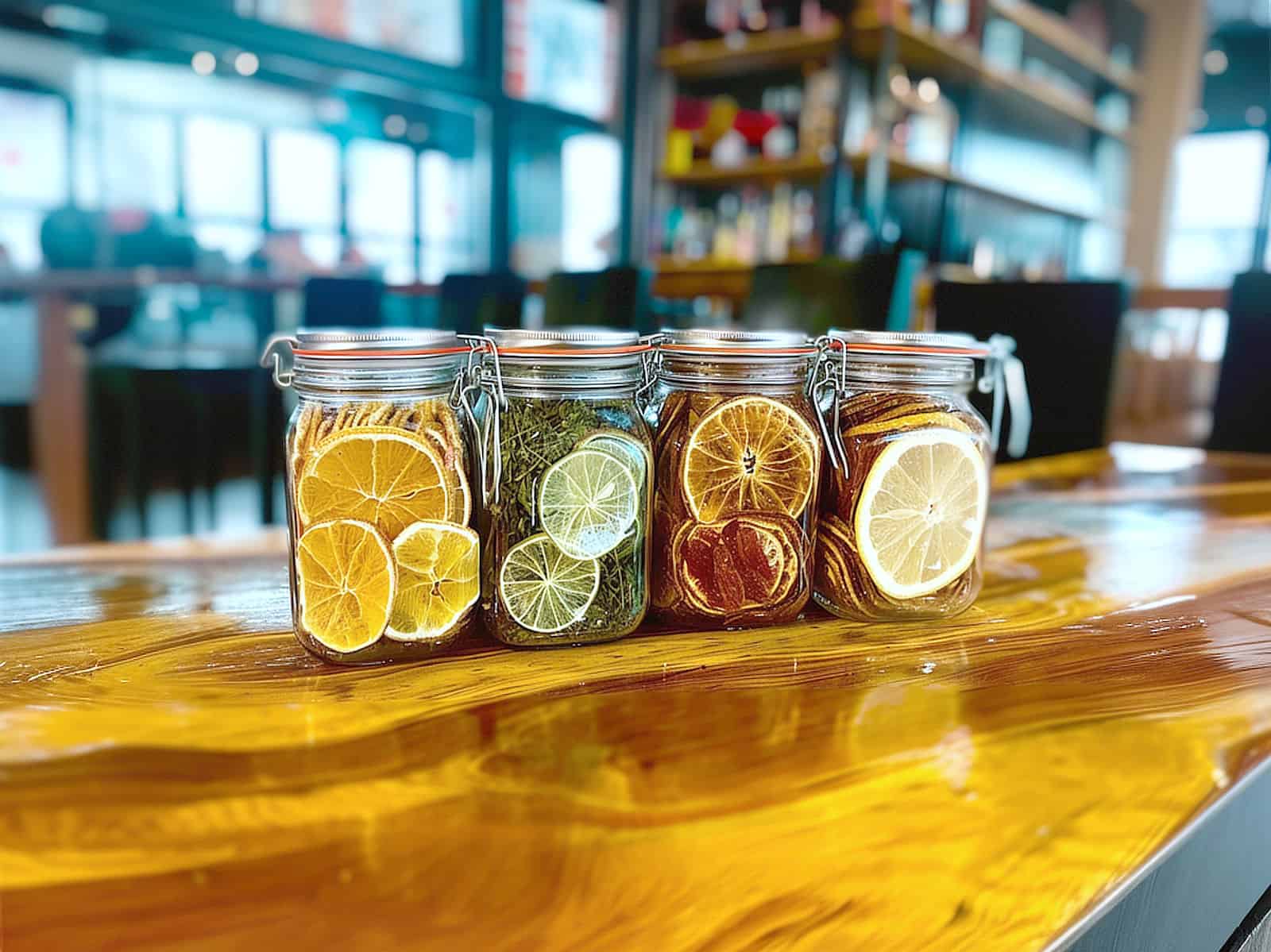 Dehydrated citrus slices in jars on bar top