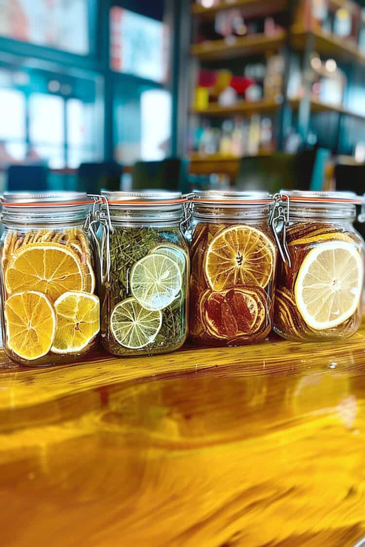 Dehydrated citrus slices in jars on bar top