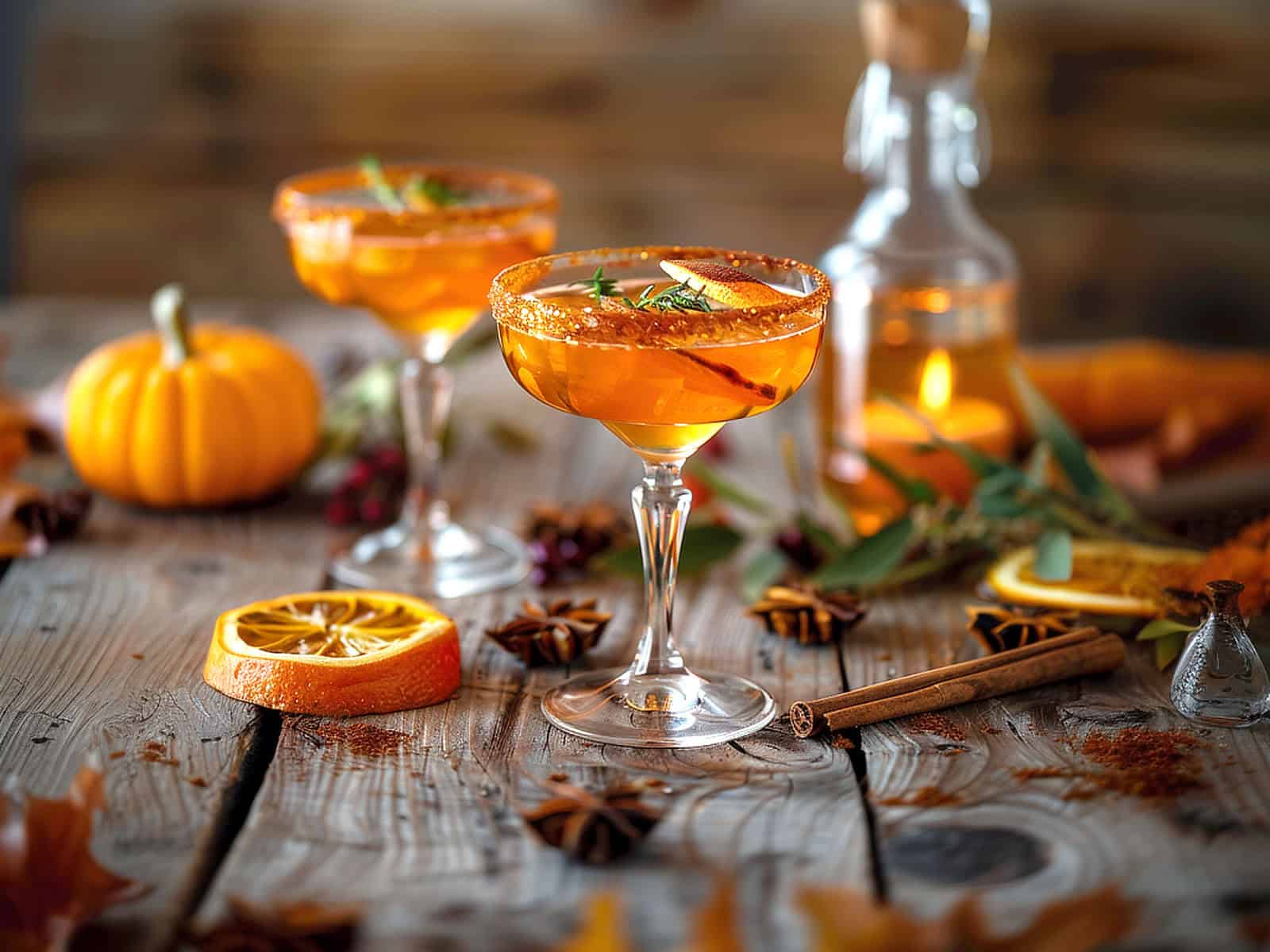 Orange cocktails on table with fall gourds