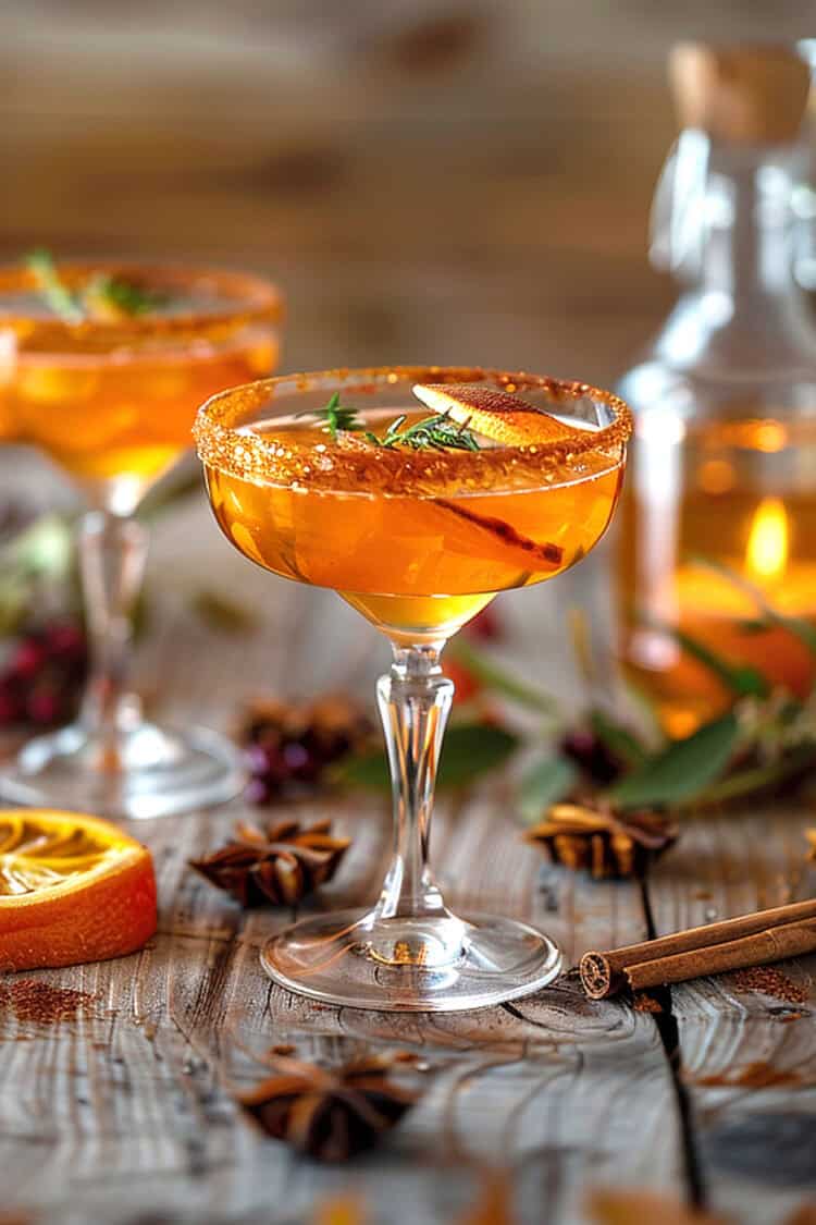 Orange cocktails on table with fall gourds