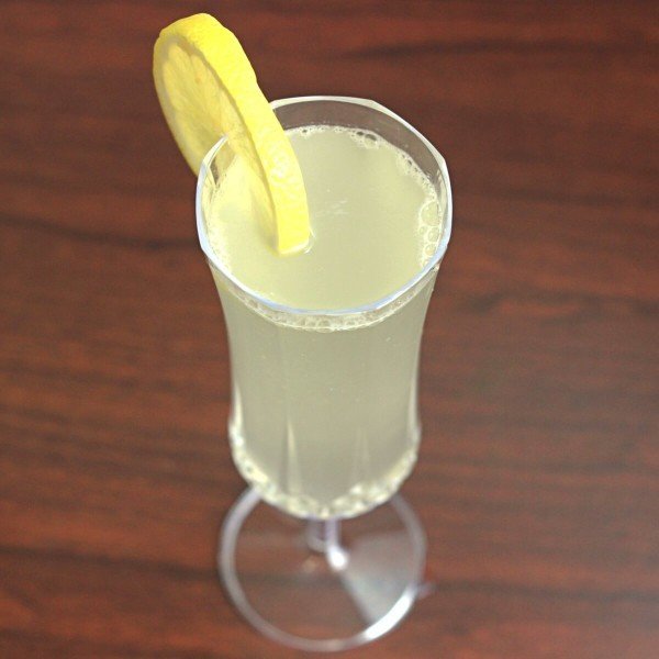 Overhead view of French 75 cocktail in flute