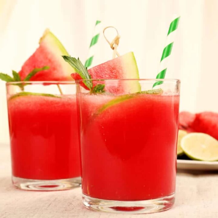 The Fresh Watermelon 'Rita is a fun watermelon margarita that's easy to love and perfect for summer. It uses crushed watermelon rather than puree. #watermelonmargarita #mixthatdrink #margarita #margaritarecipe #watermeloncocktails #tequilacocktails