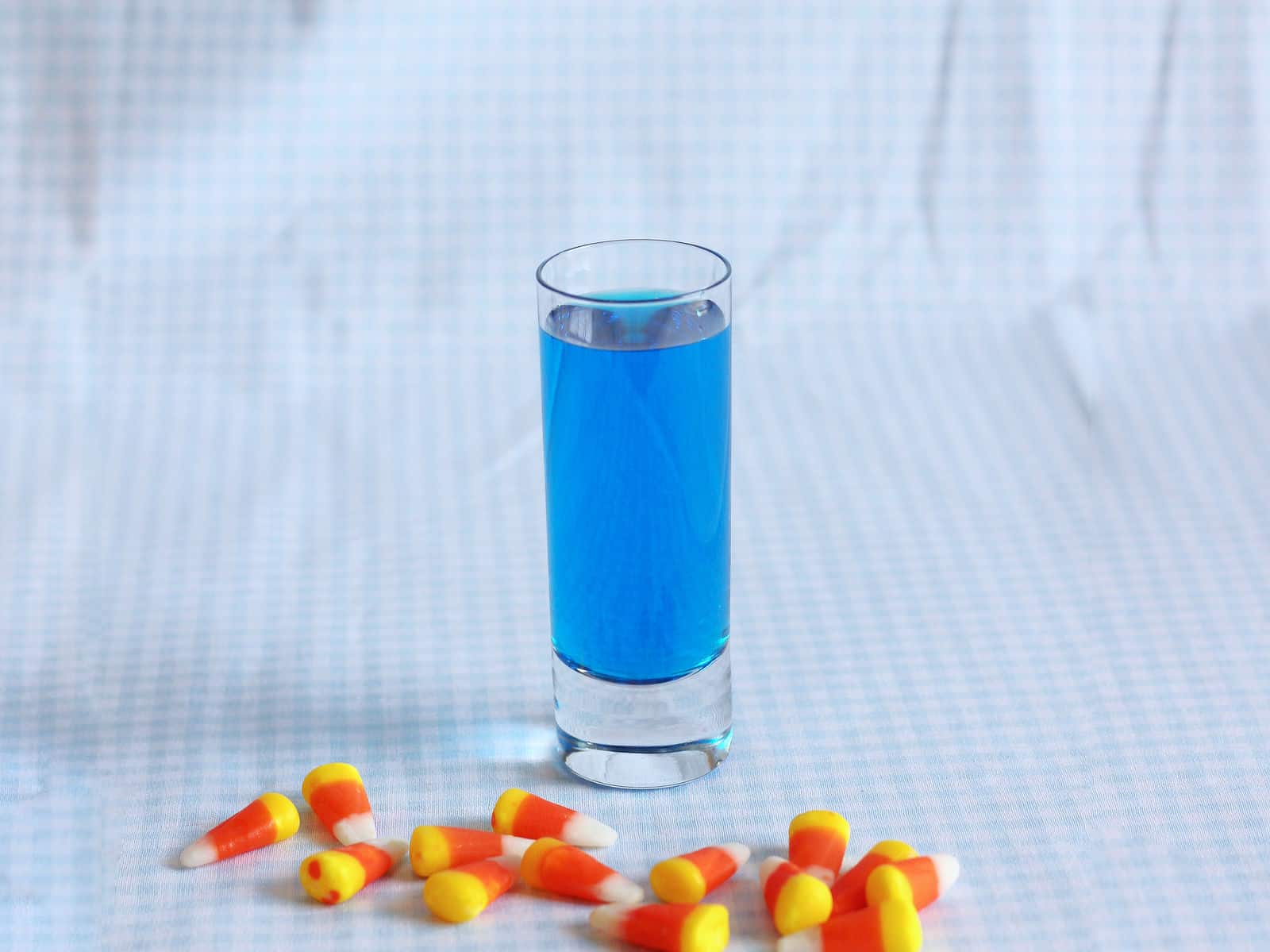 Fuzzy Blue Gobbler on table with candy corn