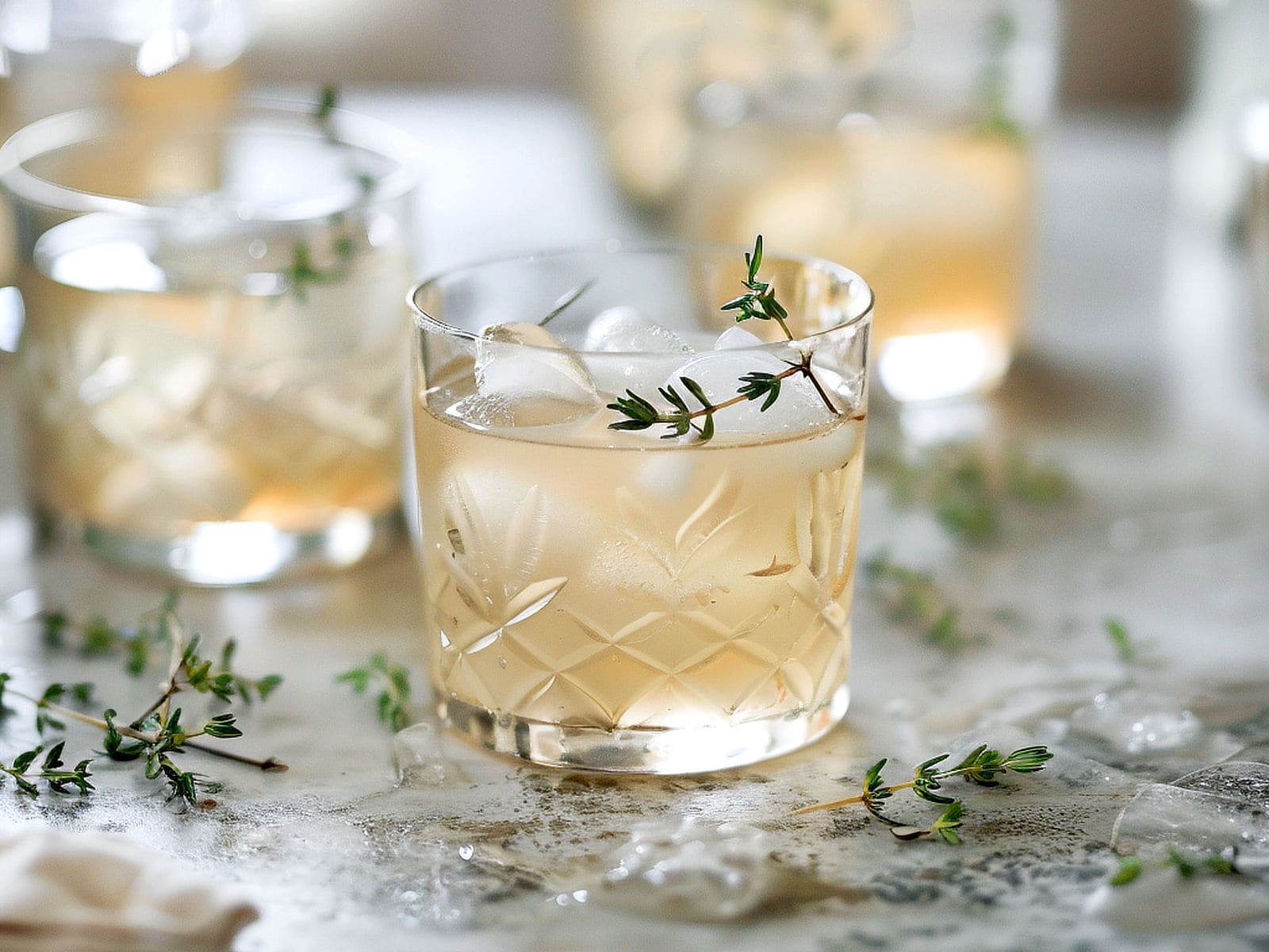 Several gin cocktails on a bar with rosemary sprig garnishes