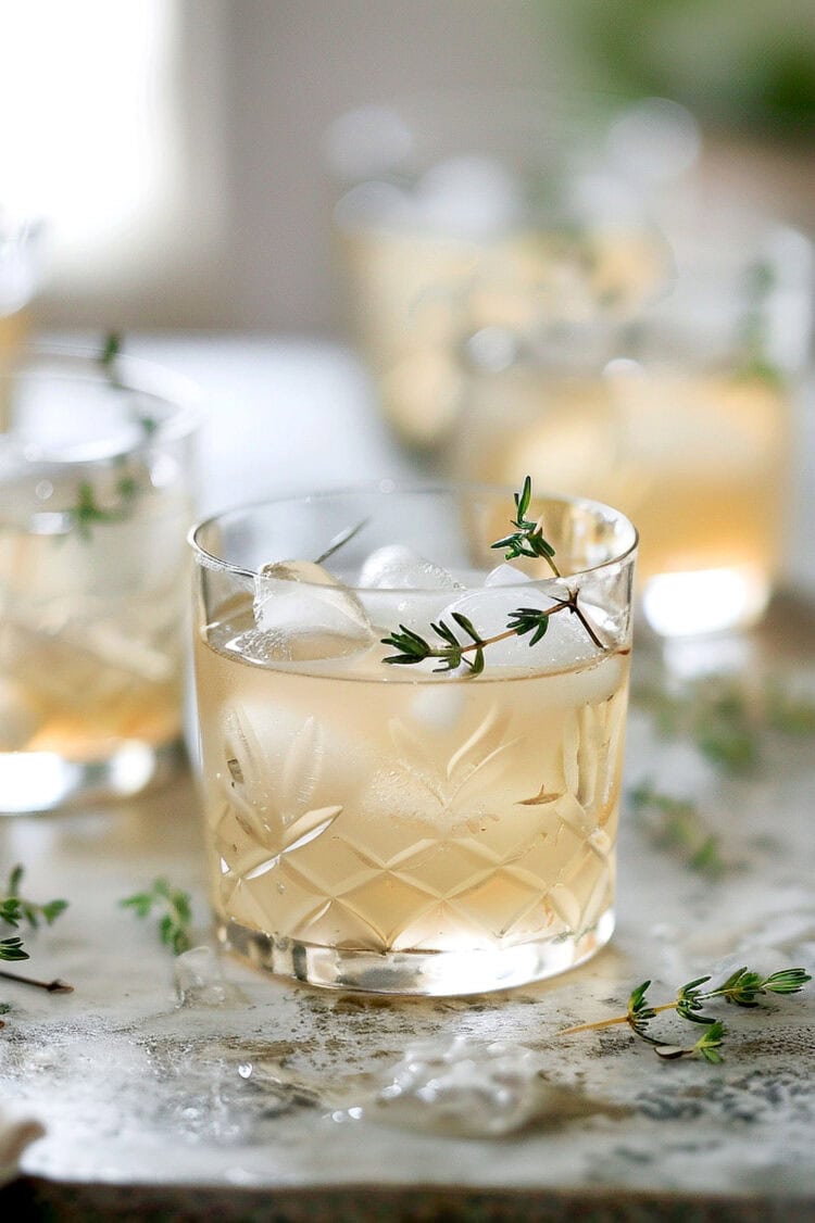 Several gin cocktails on a bar with rosemary sprig garnishes